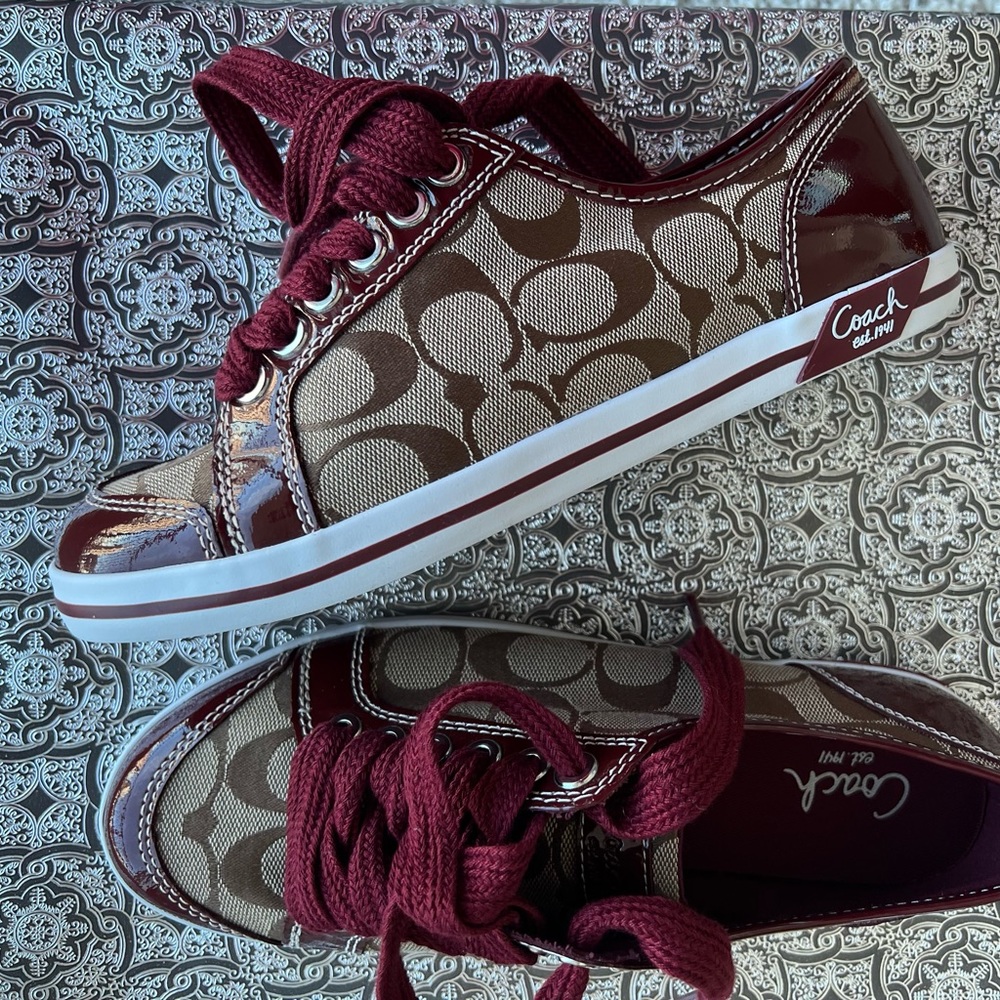 COACH SNEAKERS- Beautiful burgundy patent leather & C’s, BN, size 7, Authentic.